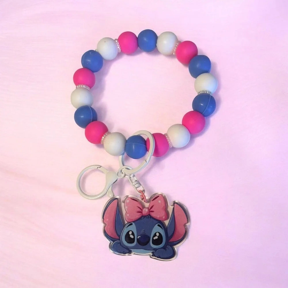 Handmade Cute Stitch Beaded Wristlet Keychain  - Blue, Pink, White